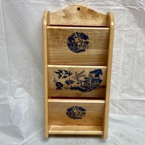 Vintage, Blue Willow  Wooden Bills or Mail Rack 12inH x 6.5nW x2.5in
